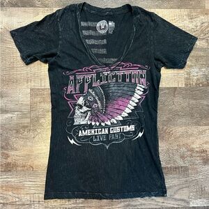 Affliction American Customs Live Fast Women’s V Neck Tee